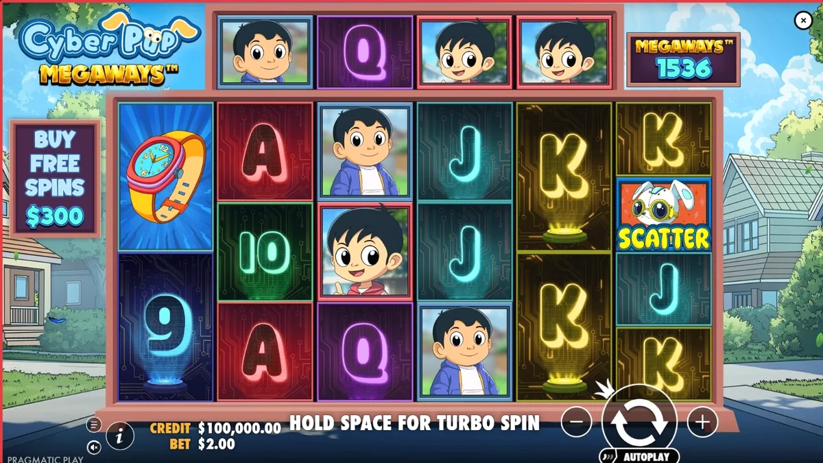 Interface do jogo Cyber Pup Megaways com personagens estilo anime e rolos futuristas.