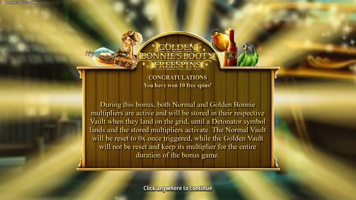 Bonnie’s Buccaneers slot game screen featuring pirate theme and treasure chests