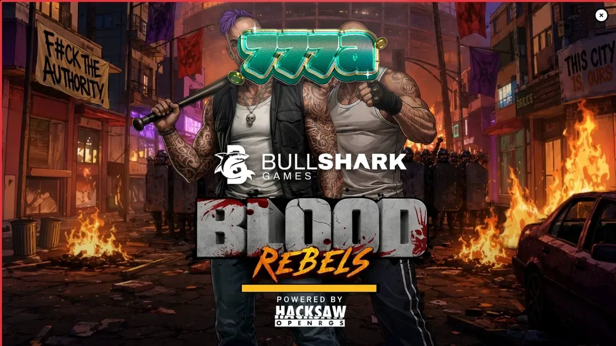 Cena de ação urbana no slot Blood Rebels com símbolos de luta